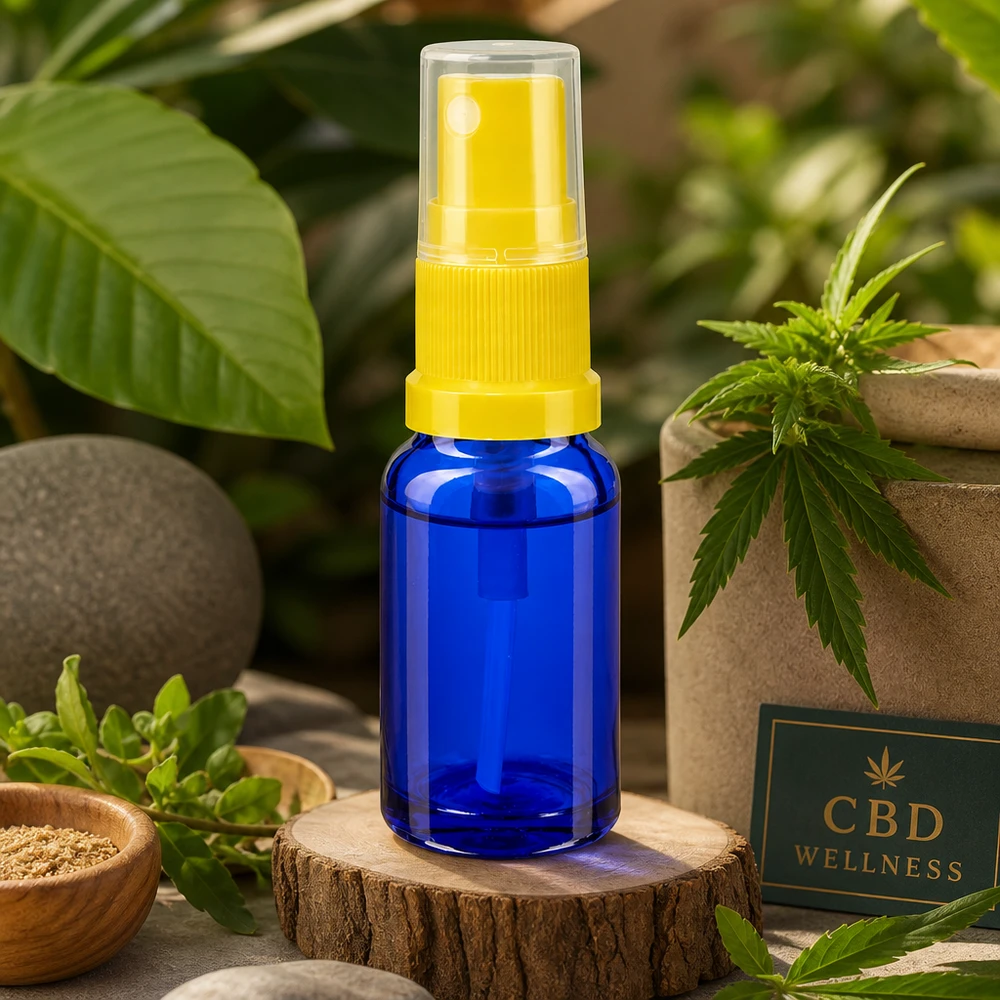 Apothekersflesje van 30 ml, blauw glas, met een geel spuitmondje omringd door verse geneeskrachtige kruiden