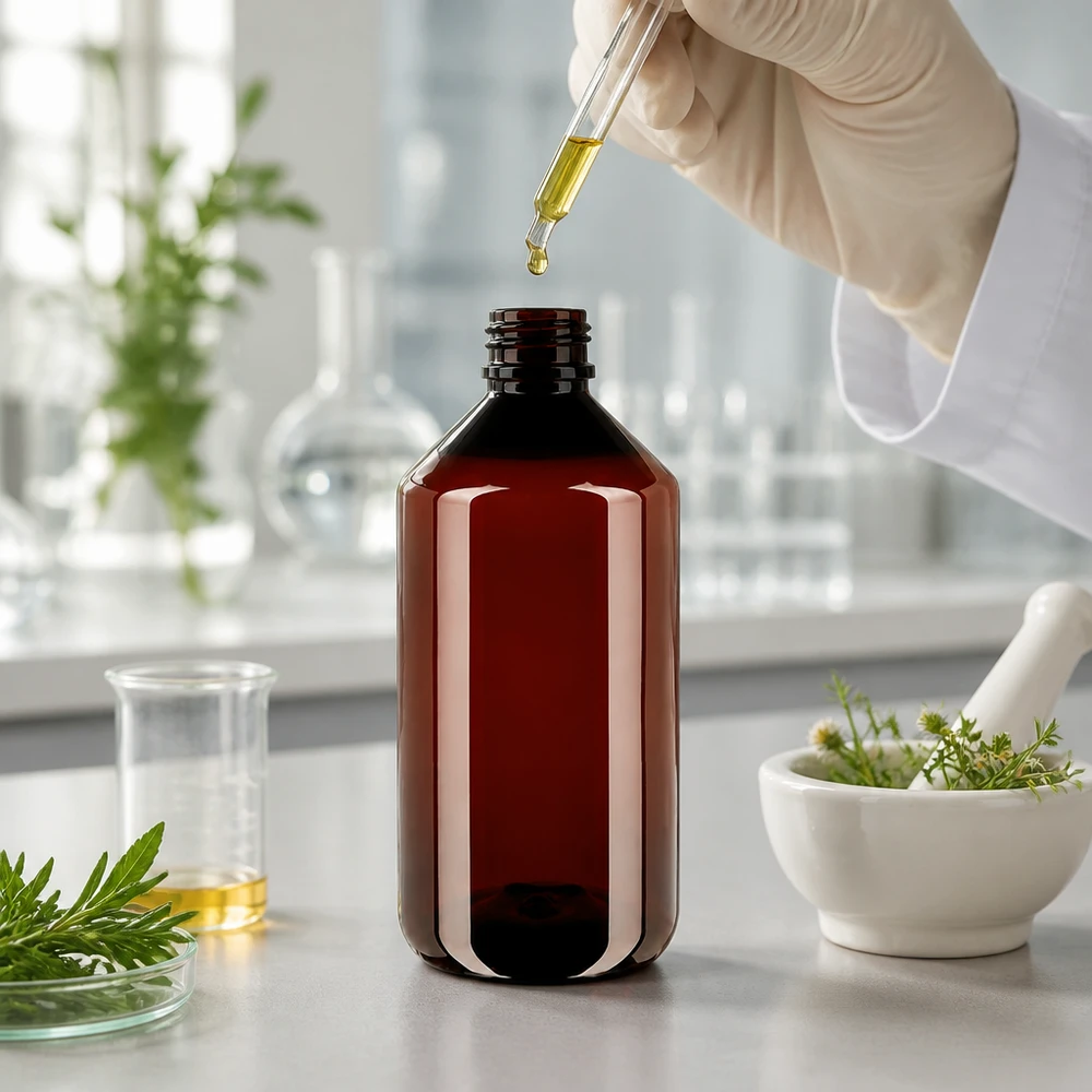 PET fles 750ml met rode verzegelstop Bruine PET-fles met brede hals, 750 ml, met rode OV-sluiting voor plantenextracten