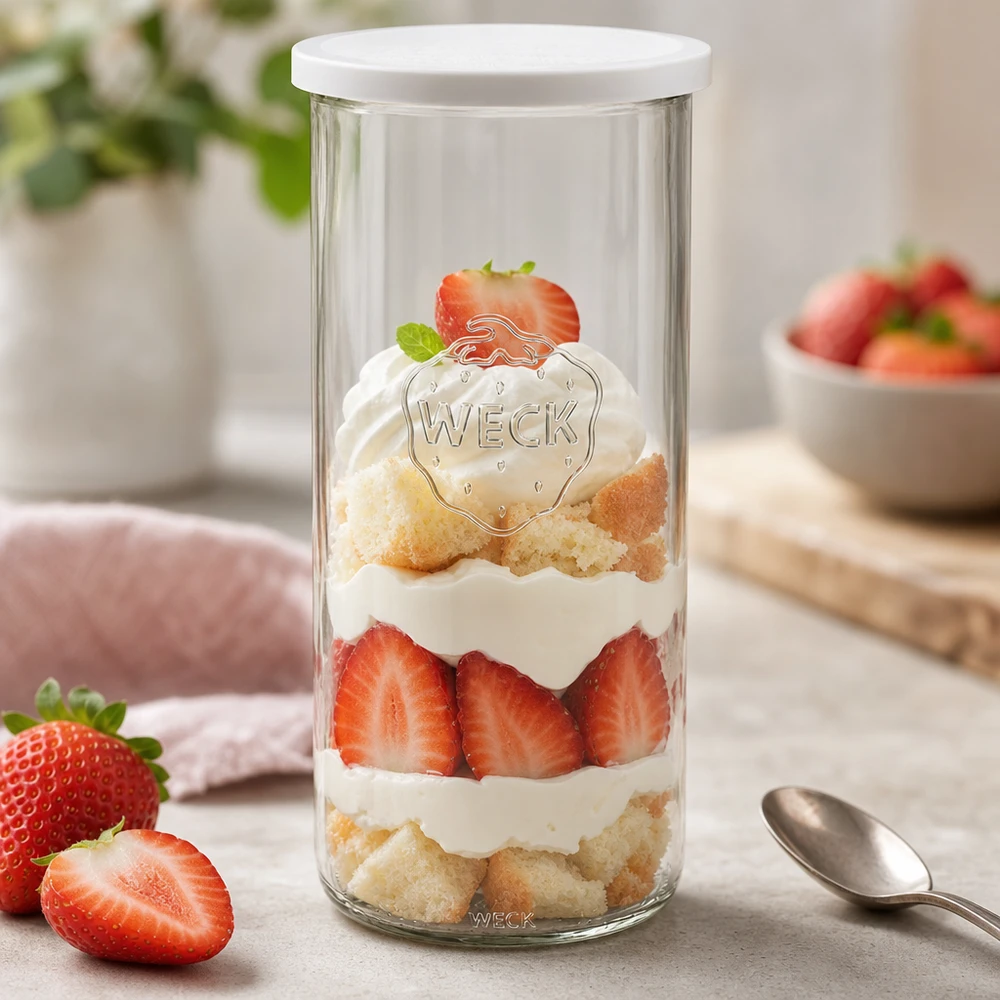 WECK 1500ml RR100 pot gevuld met aardbeien dessert toont veelzijdig gebruik als dessertbord met lepel