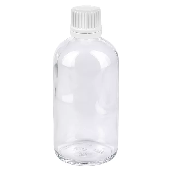 Doorzichtige glazen fles van 100 ml met witte verzegeling voor druppels en geneesmiddelen