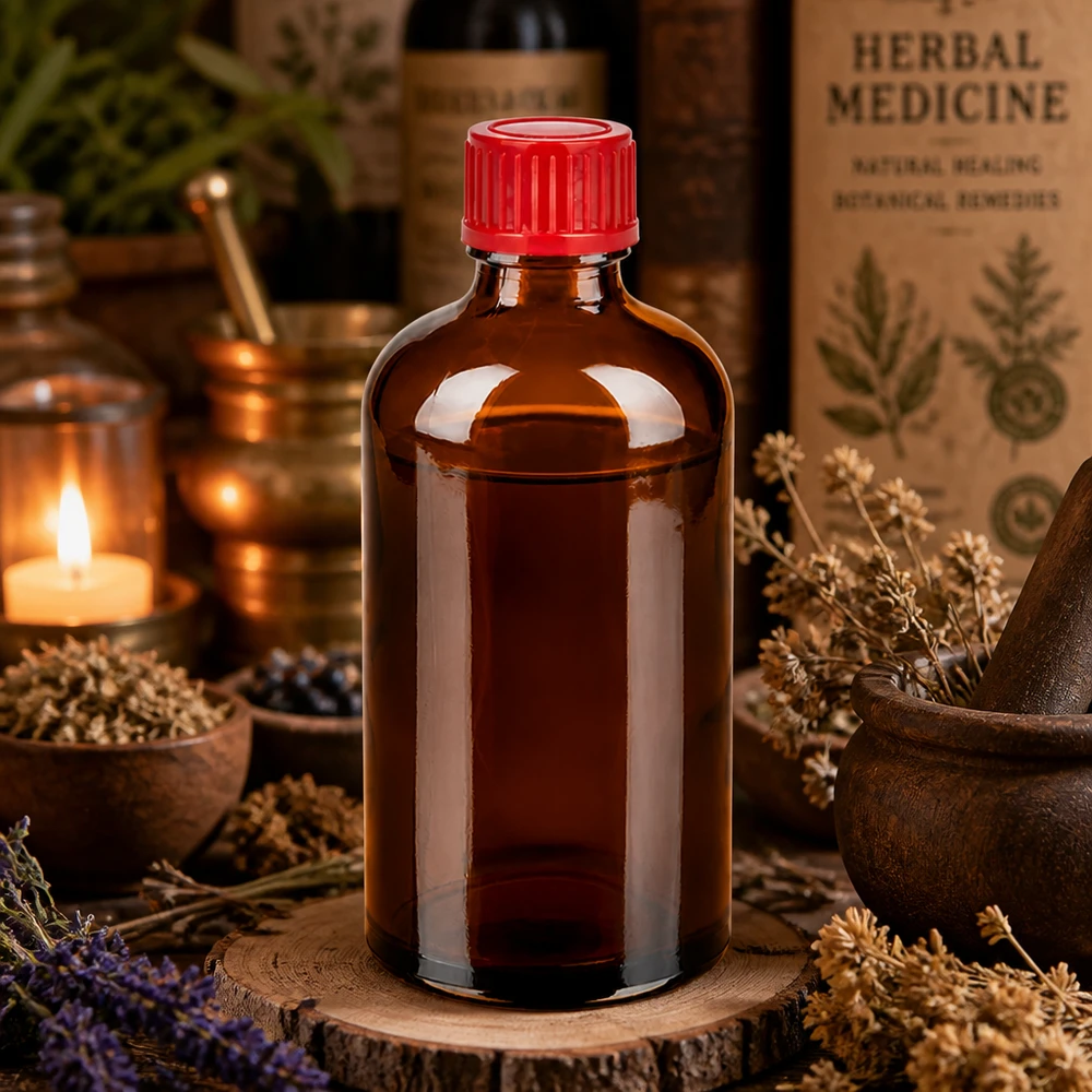 100ml fles 11mm SV rood STD BrownLine UT18/100 Handige 100ml druppelfles bruin met rode deksel ideaal voor natuurgeneeskunde en kruidenextracten