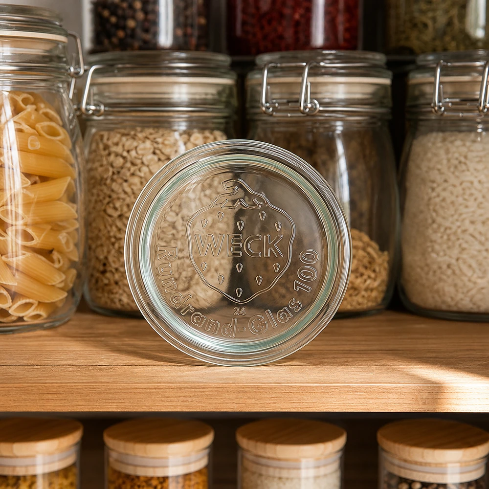 WECK glazen deksel RR100 in voorraadkeuken met inmaakpotten vol pasta, rijst en granen op een houten plank