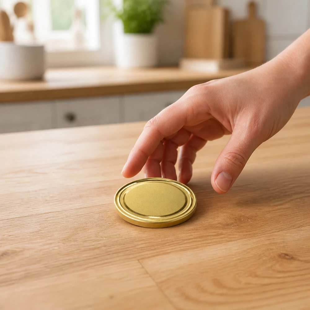 De goudkleurige conserveringsdeksel TO43 wordt opgenomen in de keukenachtergrond BioSeal BPA-NI