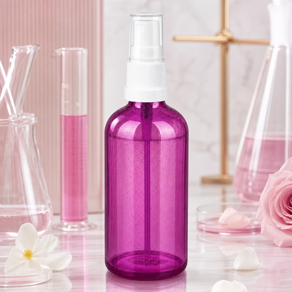 100ml spuitfles wit/transparant Standaard PurpleLine UT18/100 Hoogwaardige fles van 100 ml met sprayopzetstuk in trendy Purple Line-collectie