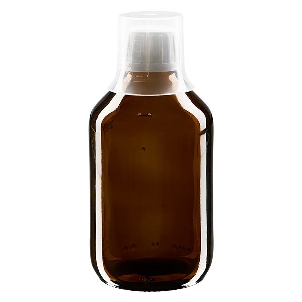 250 ml Euro-medicijnflessen met witte schroefsluiting en doseerbeker 30ml 250 ml Euro-medicijnflessen met witte schroefsluiting en doseerbeker 30ml