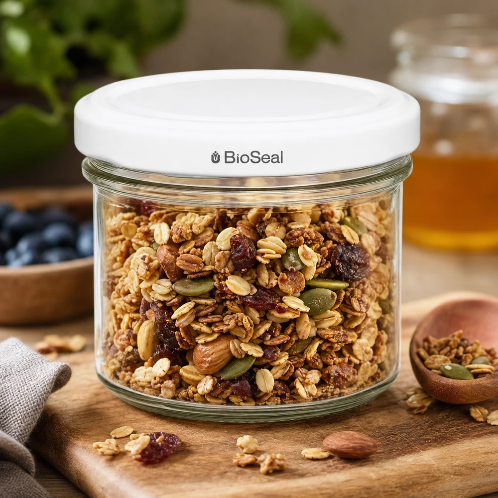 125ml bekers met BioSeal deksel wit UNiTWIST UNiTWIST bekers 125ml muesli pot noten gedroogd fruit voorraadpot TO66 BioSeal deksel wit houten plank keuken