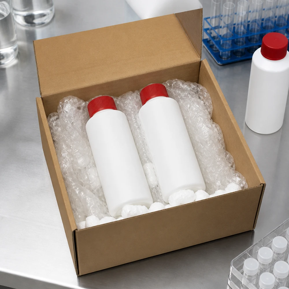 Twee witte, cilindrische HDPE-flesjes van 100 ml met rode dop in een gewatteerde verzenddoos, tegen een laboratoriumachtergrond