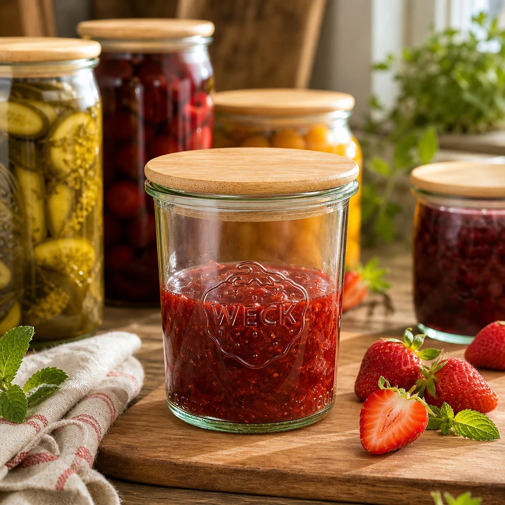 160ml stortglas WECK RR60 met hout deksel WECK 160ml RR60 aardbeienjam pot zelfgemaakte inmaak houten deksel duurzame keuken