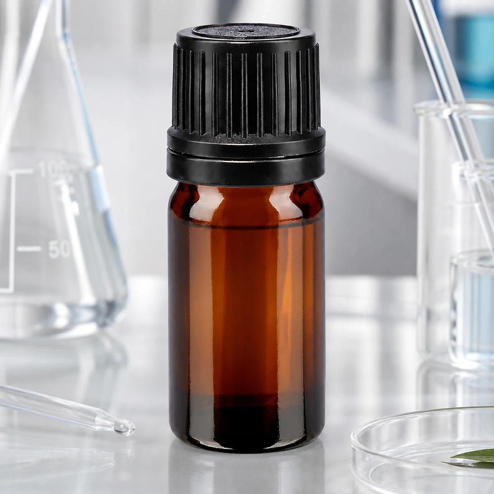 Compacte apothekersfles van 5 ml, bruine glas, met kindveilige originaliteitssluiting, zwart