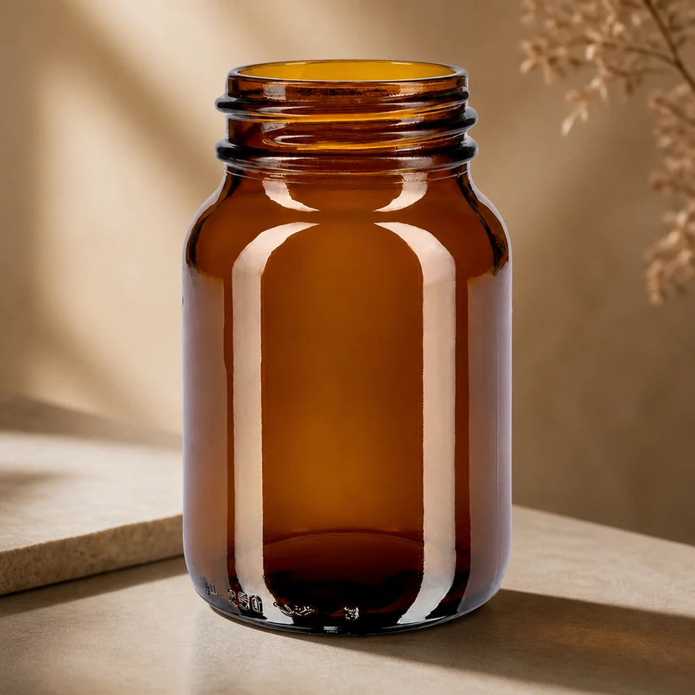 Fles met brede hals van 250 ml, gemaakt van hoogwaardig amberkleurig glas voor optimale bescherming van de inhoud tegen licht