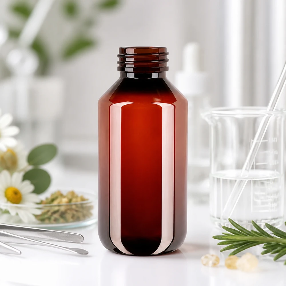 50 ml PET medicijnfles met verstuiver zwart GCMI 28/410 incl. dop transparant, standaard Leichte 200ml PET Flasche braun mit OV ideal für Kräuterextrakte und Tinkturen