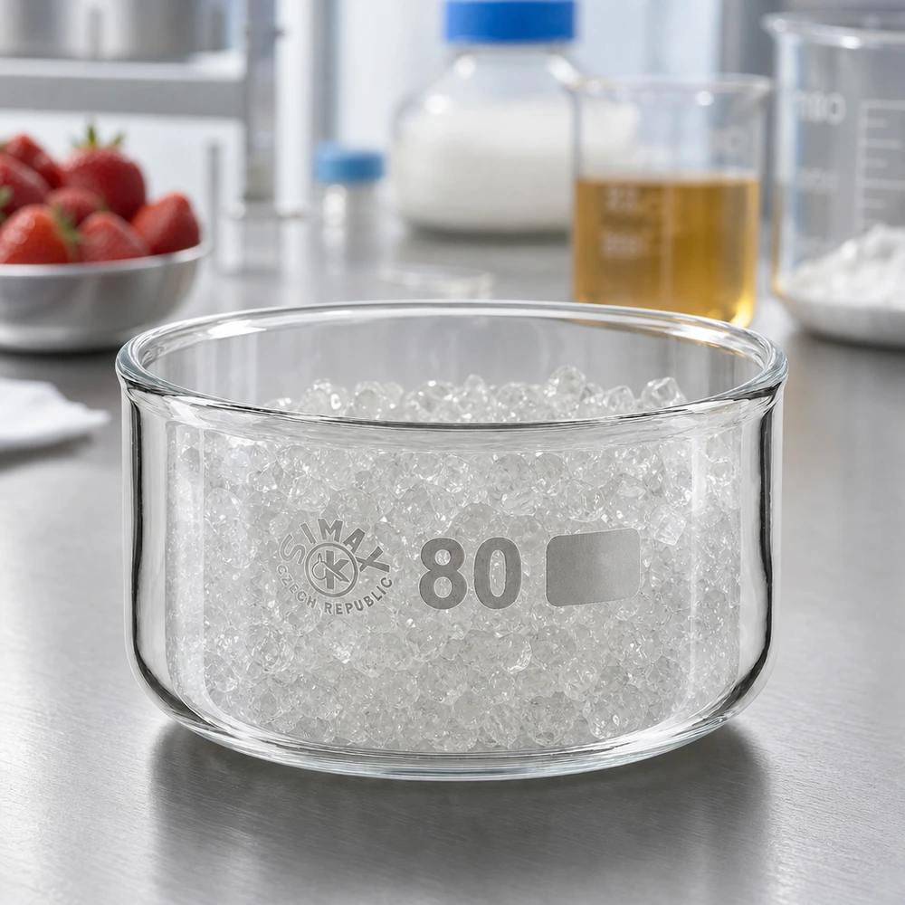 Kristalliseerschaal 150ml zonder schenktuit Brede, platte schaal van borosilicaatglas, 150 ml, gevuld met witte bolletjes; laboratoriumaccessoire van SIMAX