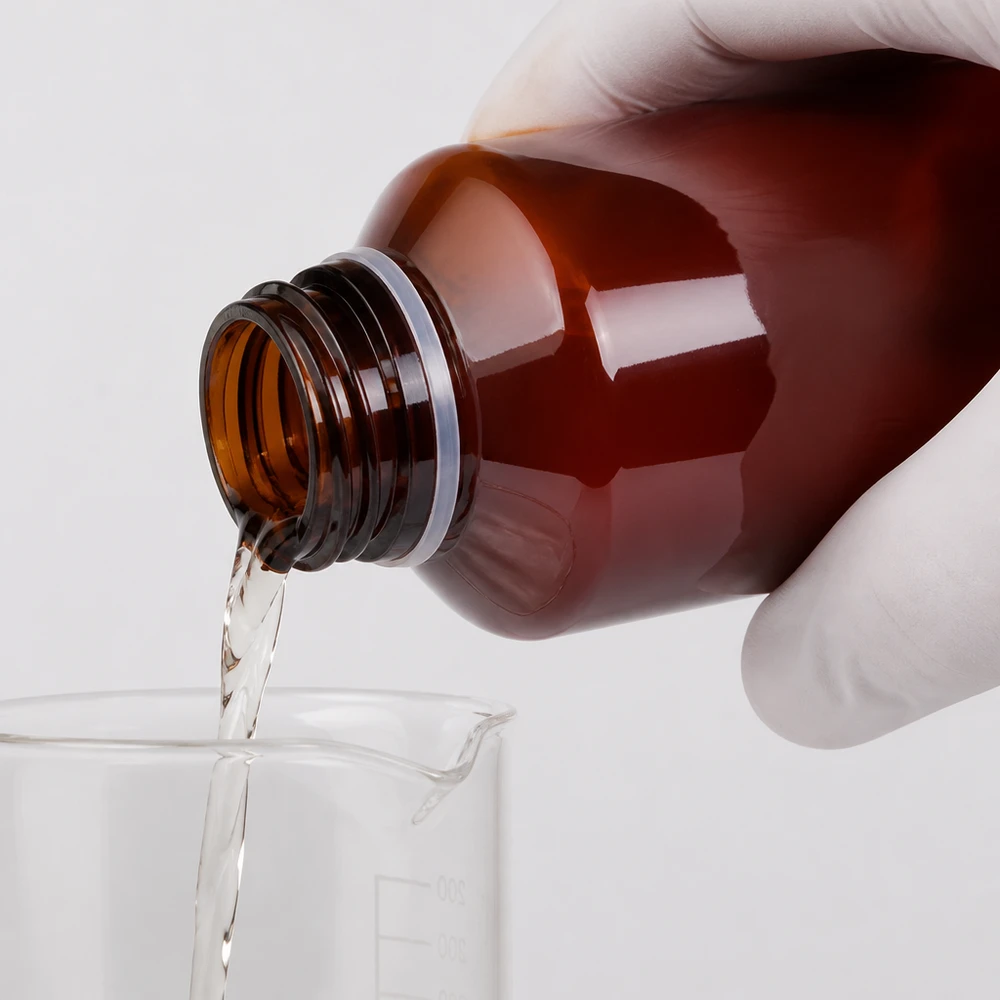 PET-fles 200ml met wit geribbeld OV Ronde bruine PET-fles van 200 ml met fraudebestendige dop voor professioneel doseren in het laboratorium
