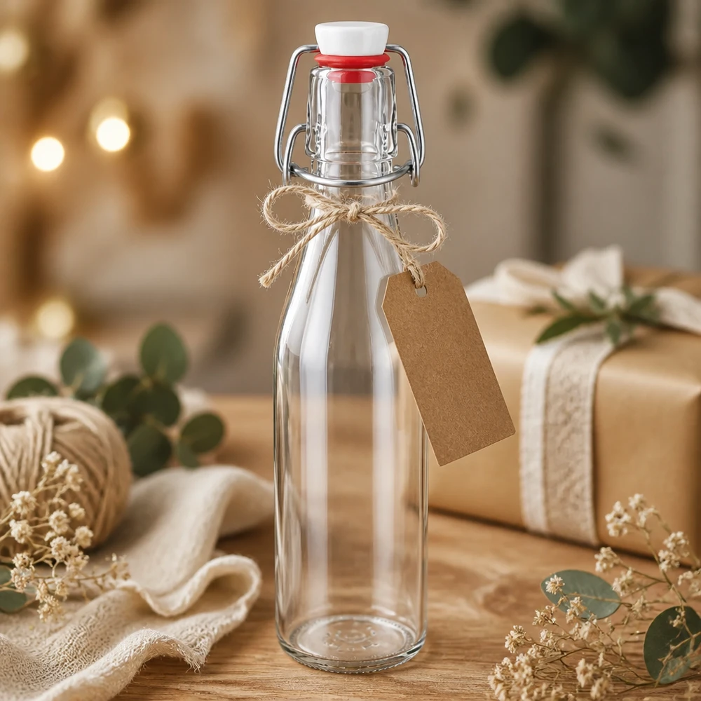 Glazen fles 250 ml + draaidop PVC UNiTWIST Glazen fles 250 ml met draaidop gedecoreerd als cadeau, kraftpapier label en jute koord, feestelijke presentatie.