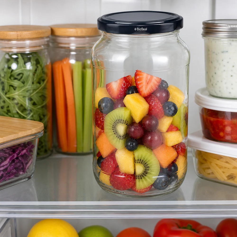 1062ml rond glas met BioSeal deksel zwart UNiTWIST UNiTWIST ronde pot 1062 met zwart TO82 BioSeal deksel gevuld met fruitsalade om vers te houden in de koelkast
