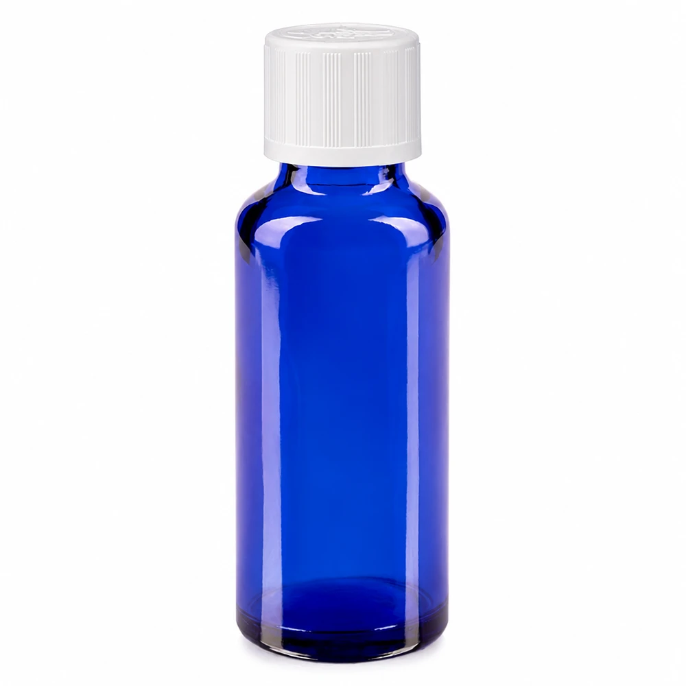 Cilindrische blauwe glazen apothekersfles van 30 ml met witte veiligheidsdop