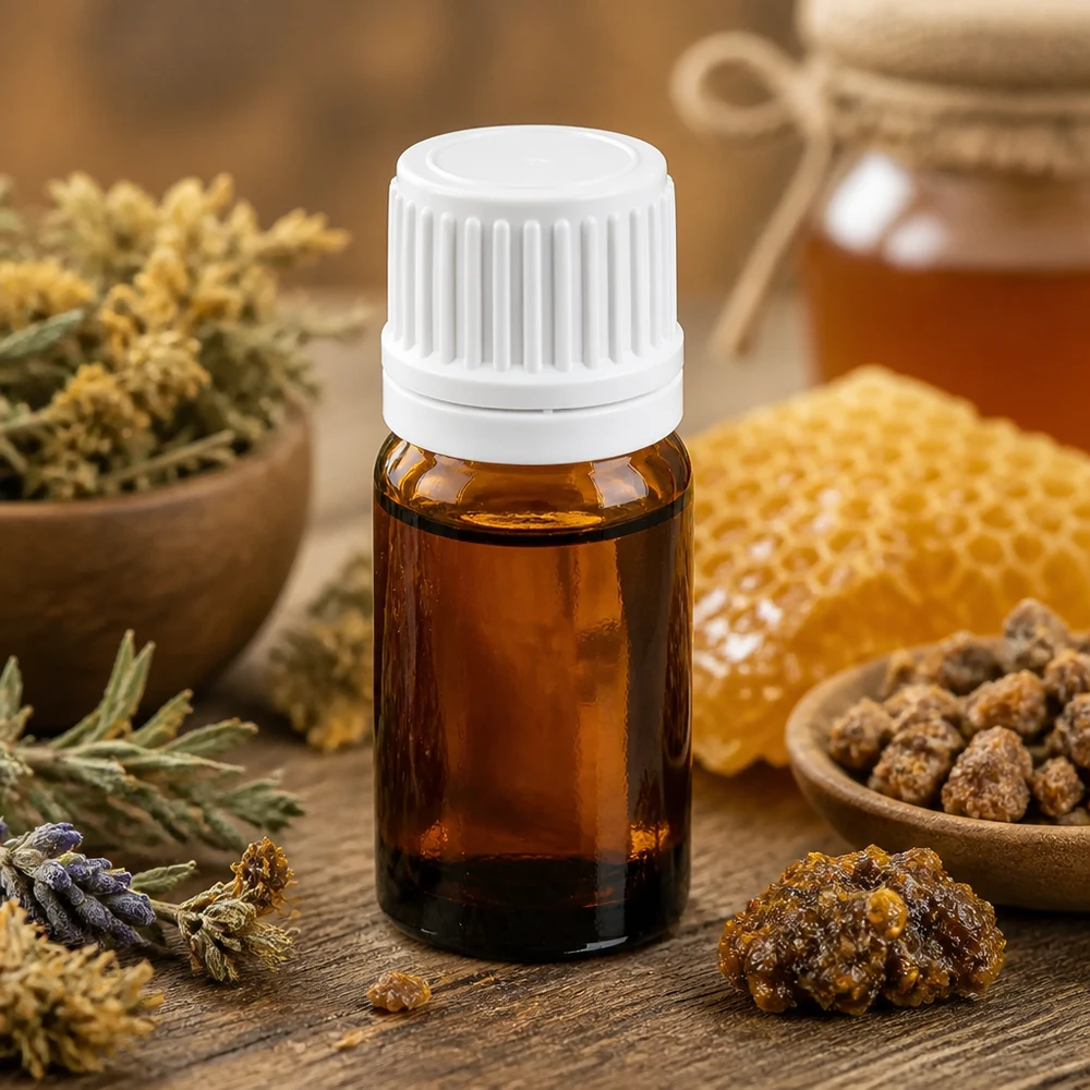 Klein 5ml druppelflesje van bruin glas met witte schroefdop voor aromatherapie