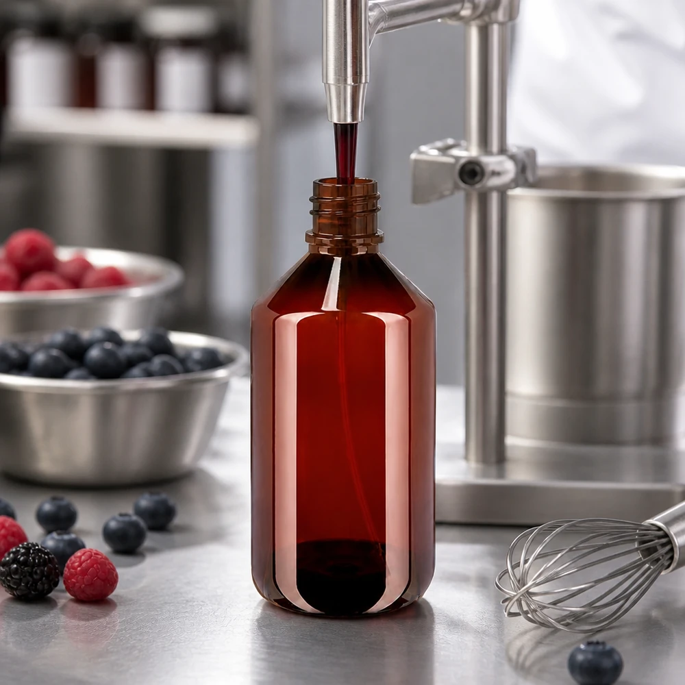 500 ml PET medicijnfles met verstuiver zwart GCMI 28/410 incl. dop transparant, standaard Befüllung einer braunen PET Flasche 500ml mit Beerensirup neben frischen Früchten und Schneebesen