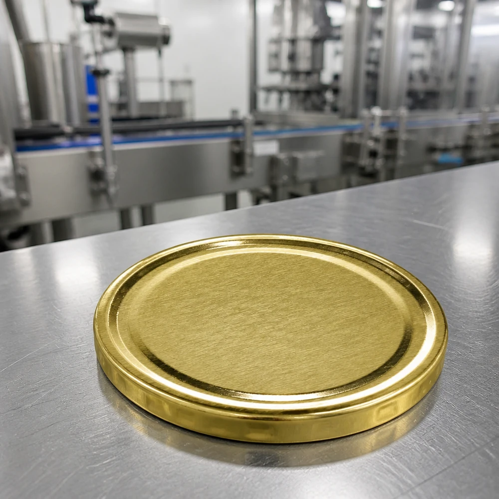 70mm BasicSeal deksel goud (TO70) UNiTWIST UNiTWIST BasicSeal TO70 inmaakdeksel 70 mm goudkleurig in een moderne voedselproductiefabriek