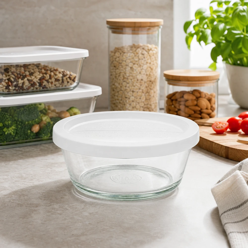 300ml gourmetglas met vershouddeksel WECK RR120 WECK RR120 Gourmetpot 300ml leeg op keukenblad tussen andere opbergers Lifestyle opbergen