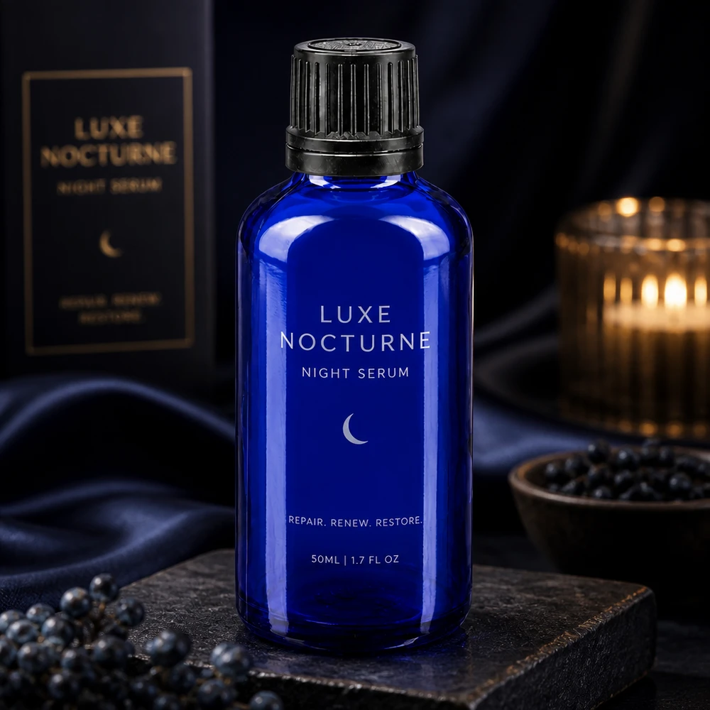 Hoogwaardige blauwe ApoGlas-fles van 50 ml met een druppelinzet van 1 mm en zwarte originele verpakking, luxueus gepresenteerd