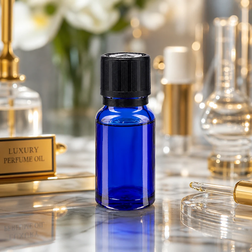 Blauwe glazen flessen 10ml met zwart 1mm druppelstop KiSi Bliw OV Kleine blauwe glazen fles met kindveilige sluiting, omringd door parfumerie-accessoires