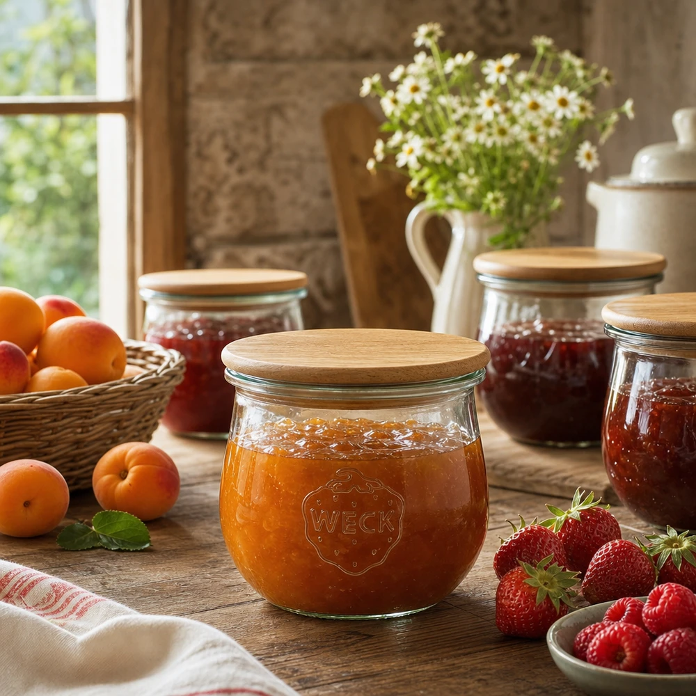 370ml tulpenglas WECK RR80 met hout deksel WECK tulpenpot 370ml RR80 gevuld met abrikozenjam naast vers fruit in een rustieke keuken