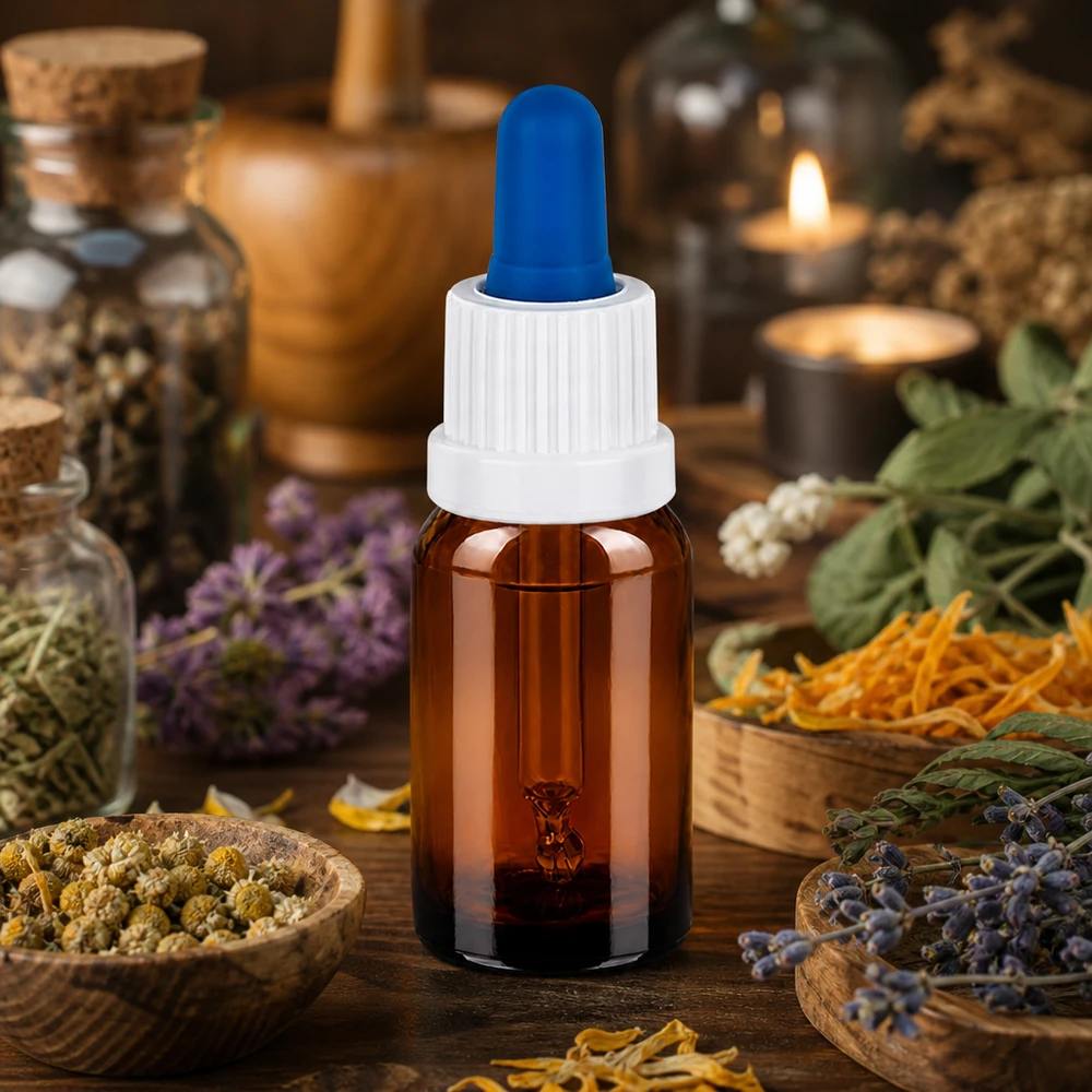 10ml pipetfles wit/blauw OV BrownLine UT18/10 BrownLine pipetfles 10ml met OV18 schroefdraad en blauwe druppeltip voor aromatherapie