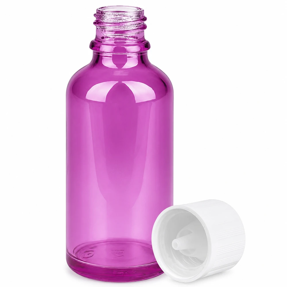 50ml druppelflacon 1,2mm wit Standaard Kindbestendig PurpleLine.UT18/50 Paarse plastic fles 50ml met UN-goedkeuring en kindveilige druppeldop voor laboratoriumgebruik