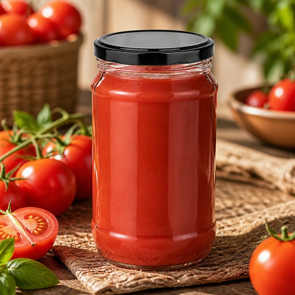 Glazen pot van 370 ml UNiTWIST BasicSeal, zwart, met zelfgemaakte tomatenpuree: duurzaam en herbruikbaar