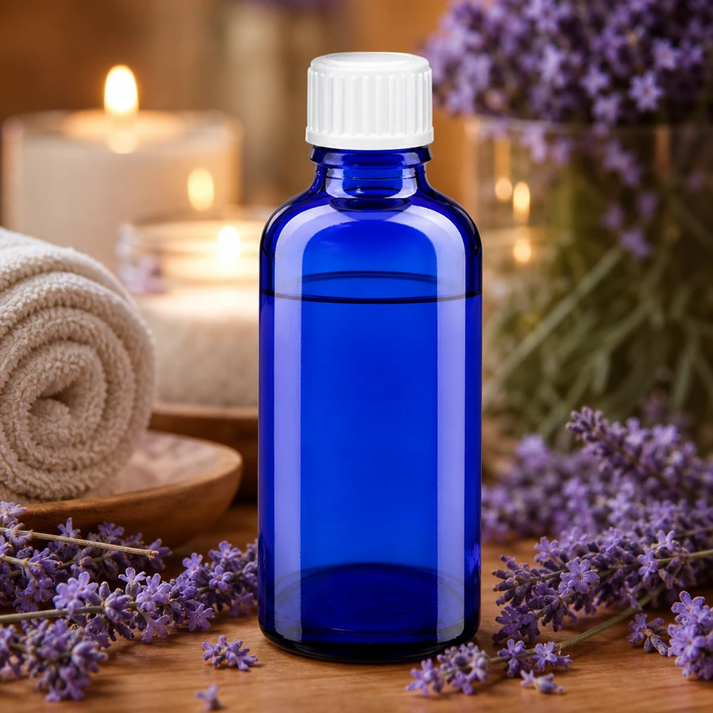 Blauwe apothekersglasfles van 50 ml met een wanddikte van 3 mm voor aromatherapie en wellnessproducten