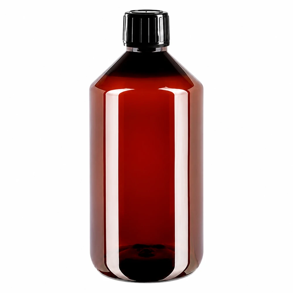 Lichtbeschermende PET-fles van 750 ml, bruin-transparant, met zwarte veiligheidssluiting
