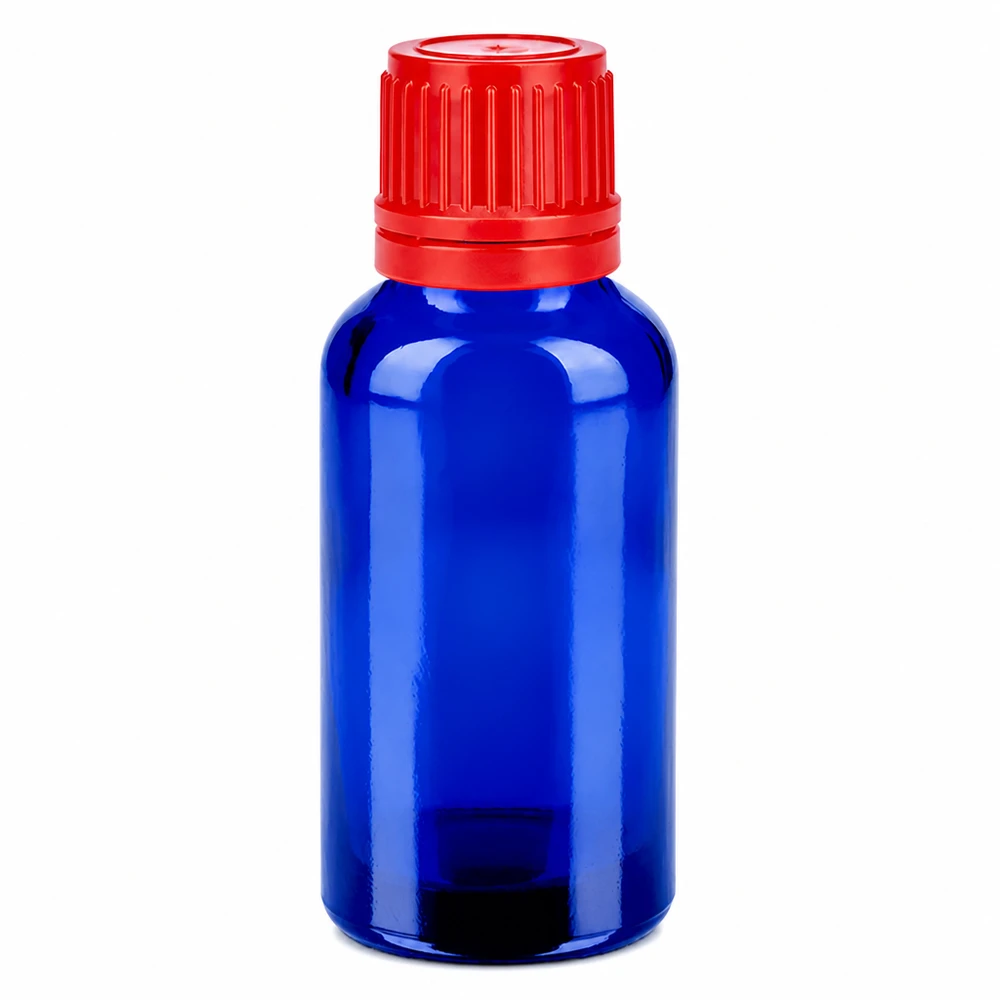 30ml fles 11mm SV rood OV BlueLine UT18/30 Hoogwaardige glazen fles 30ml in helder blauw met veilig sluitsysteem voor medicijnen