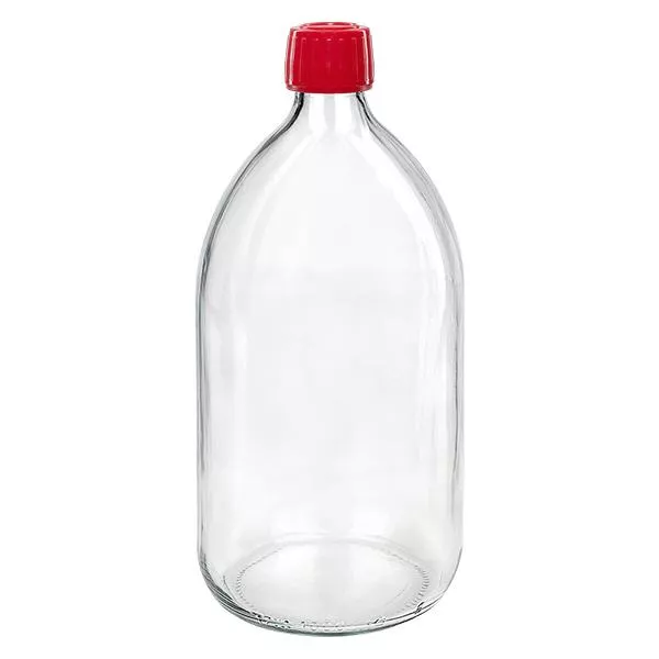 1000ml Euro-medicijnfles helder met rode schroefsluiting VR 1000ml Euro-medicijnfles helder met rode schroefsluiting VR