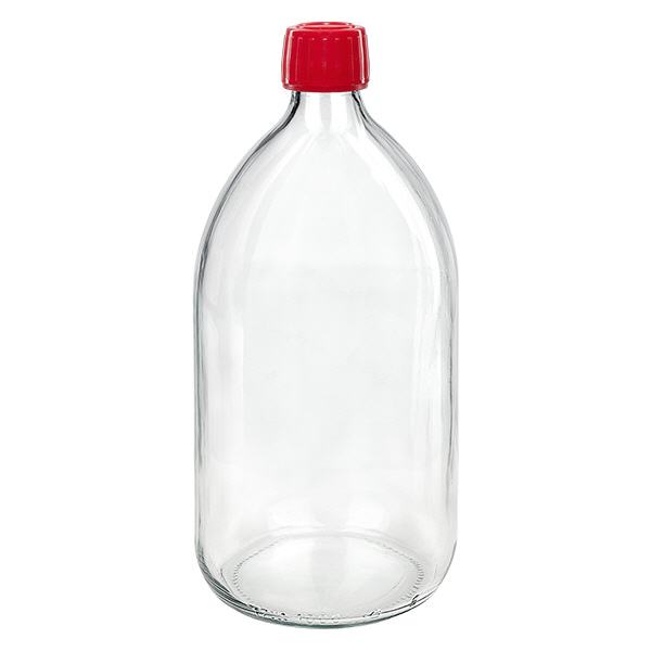 1000ml Euro-medicijnfles helder met rode schroefsluiting VR 1000ml Euro-medicijnfles helder met rode schroefsluiting VR