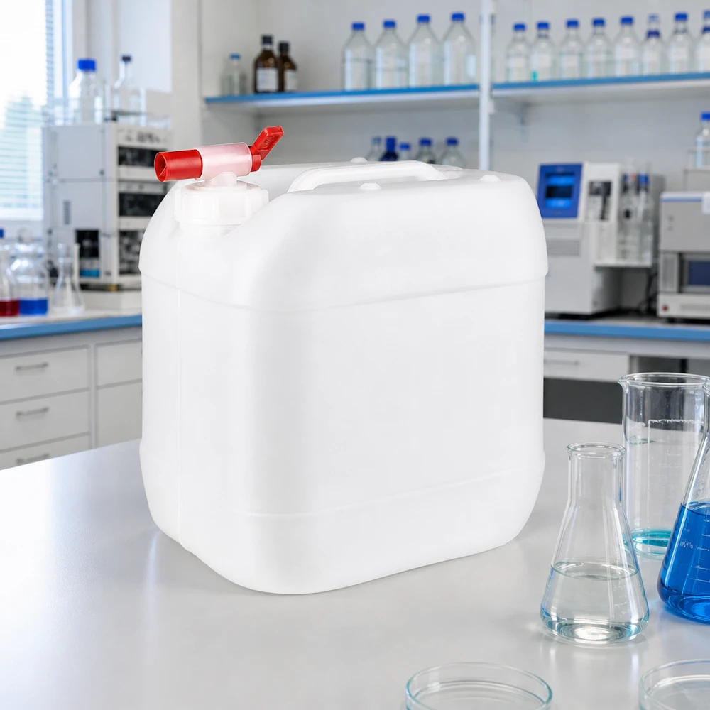 Compacte jerrycan van 15 liter naast een Erlenmeyer-kolf en een bekerglas in het scheikundelaboratorium
