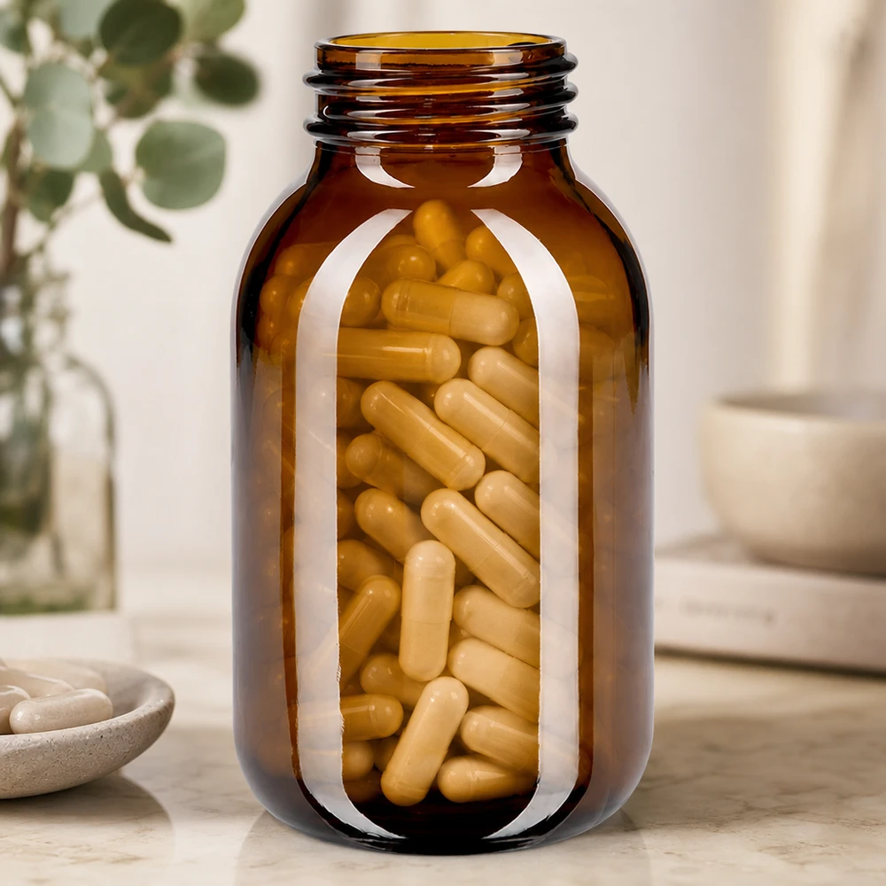 Ruime 500ml wijdhalsfles van robuust amberkleurig glas voor voedingssupplementen en capsules