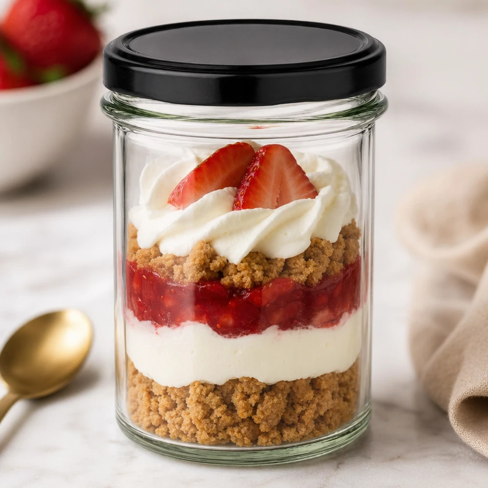 230 ml bekers met zwart deksel als dessertglas voor gelaagde desserts met aardbeien, room en biscuitbodem