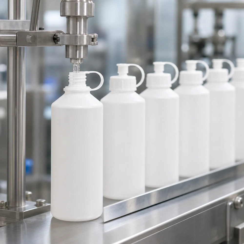 PET cilinderfles 100ml wit met sproeisluiting wit Rij witte apotheekflesjes van 100 ml, gemaakt van HDPE, in een industriële afvulinstallatie