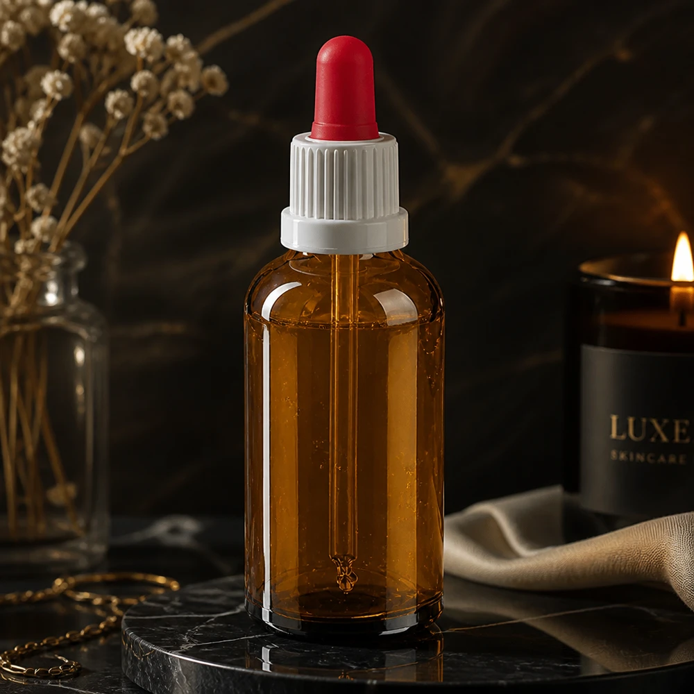 50ml pipetfles wit/rood OV BrownLine UT18/50 Hoogwaardige 50ml druppelflacon van elegant amberkleurig glas met precieze rode siliconen pipet