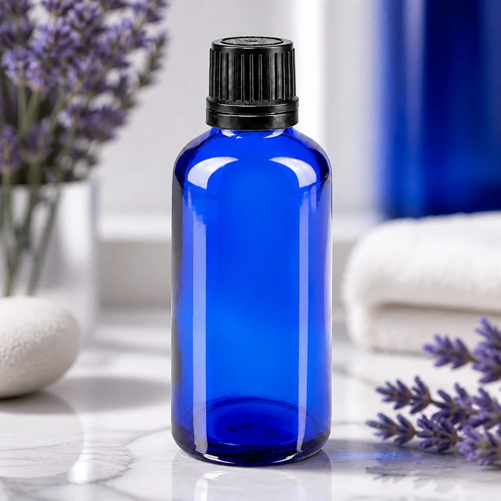 Blauwe glazen flessen 50ml met zwart schroefsluiting uitgietring VR Blauw apothekersglas van 50 ml met een opening van 8 mm en originele sluiting, voor aromatherapie en natuurlijke cosmetica