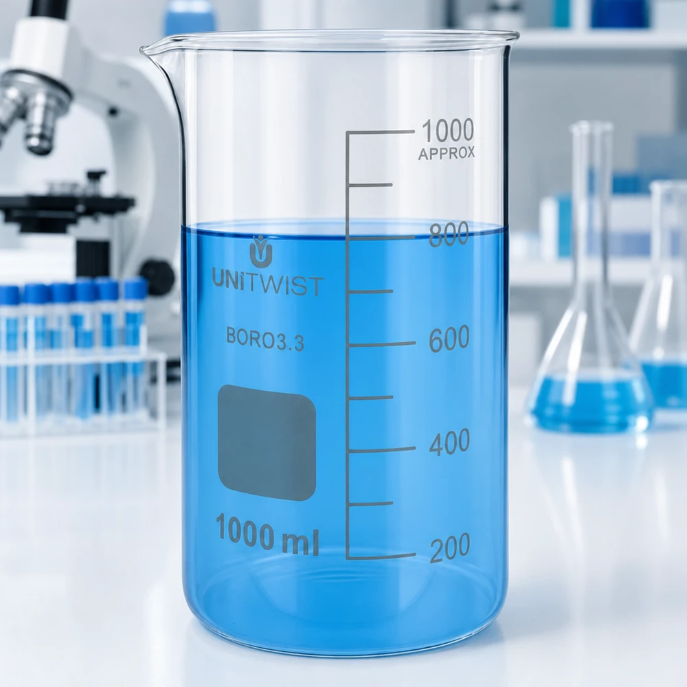 Scheikundelaboratorium: hoge bekerglas van 1000 ml, UNITWIST BORO 3.3, met een microscoop op de achtergrond