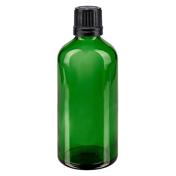 Groenen glazen flessen 100ml met zwart druppelsluiting 1mm VR Groenen glazen flessen 100ml met zwart druppelsluiting 1mm VR