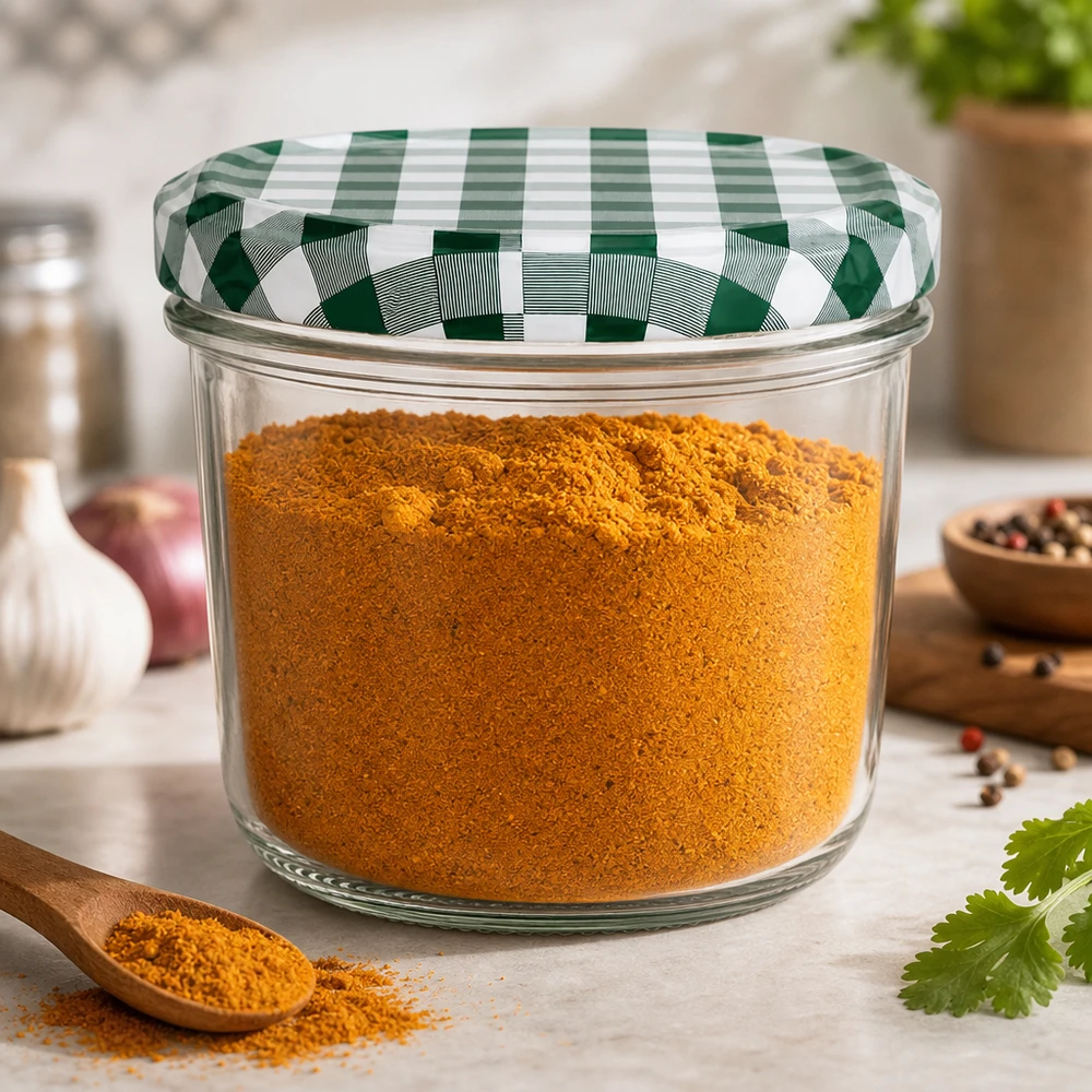 Slump pot 230ml gevuld met specerij kurkuma BasicSeal deksel groen-wit geblokt Opbergen keuken
