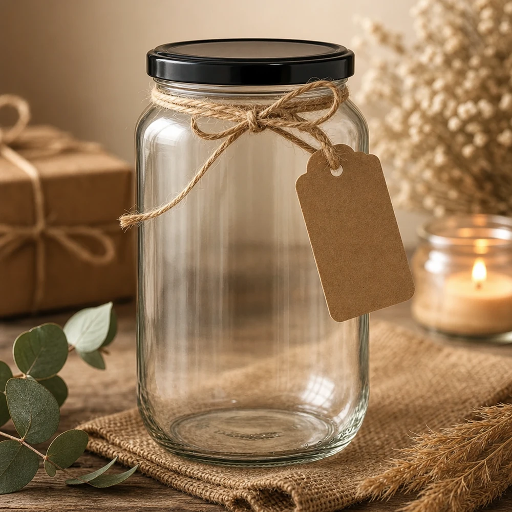 1062 ml ronde pot versierd met jute koord en kraft papieren label - stijlvolle geschenkverpakking voor inmaakpotten