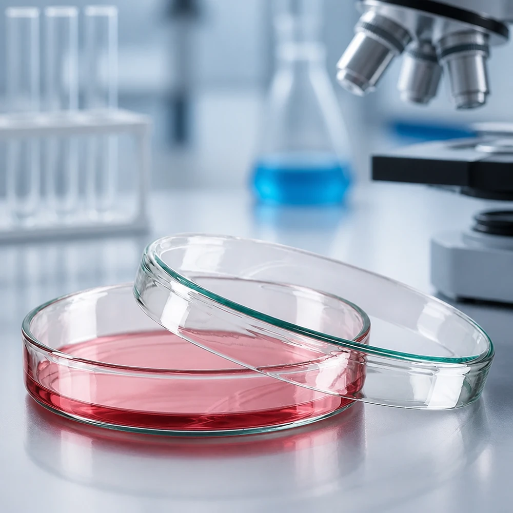 Petrischaal 100x20 mm van glas Petrischaal van 100 x 20 mm, van glas, naast een microscoop en een Erlenmeyer-kolf in het wetenschappelijk laboratorium