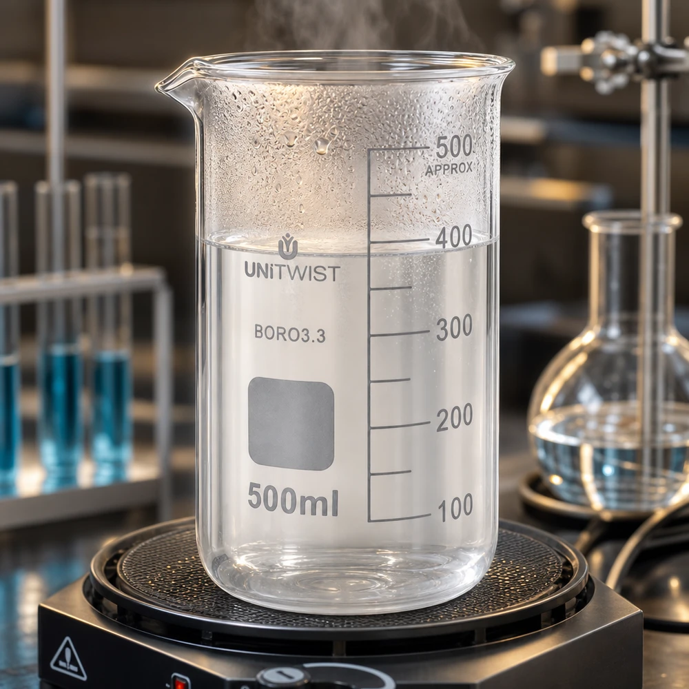 Becherglas 500 ml, hoog model UNITWIST, met stoomvorming op een elektrische verwarmingsplaat