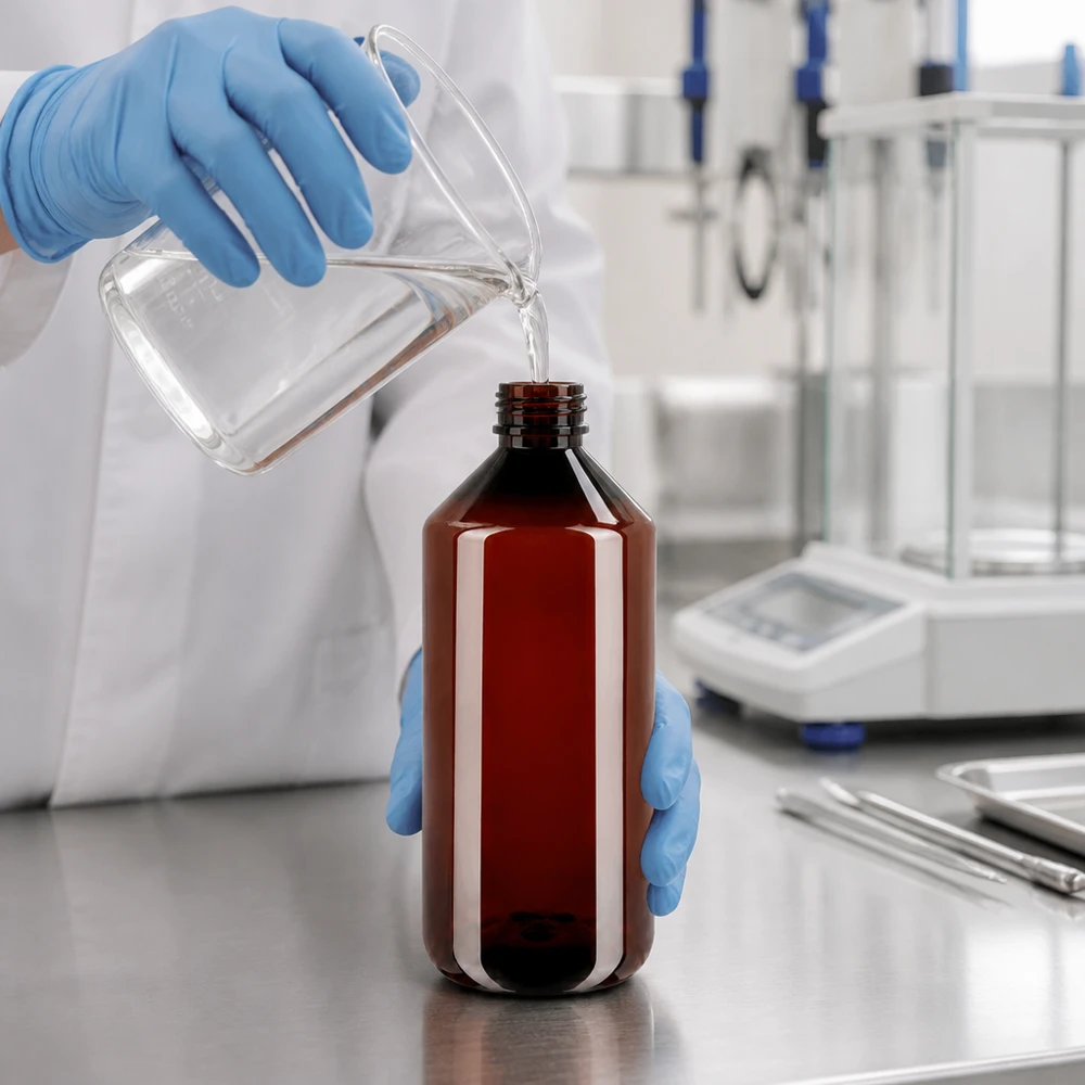 Bruine PET-plastic fles van 1 liter met OV-sluiting voor farmaceutische toepassingen