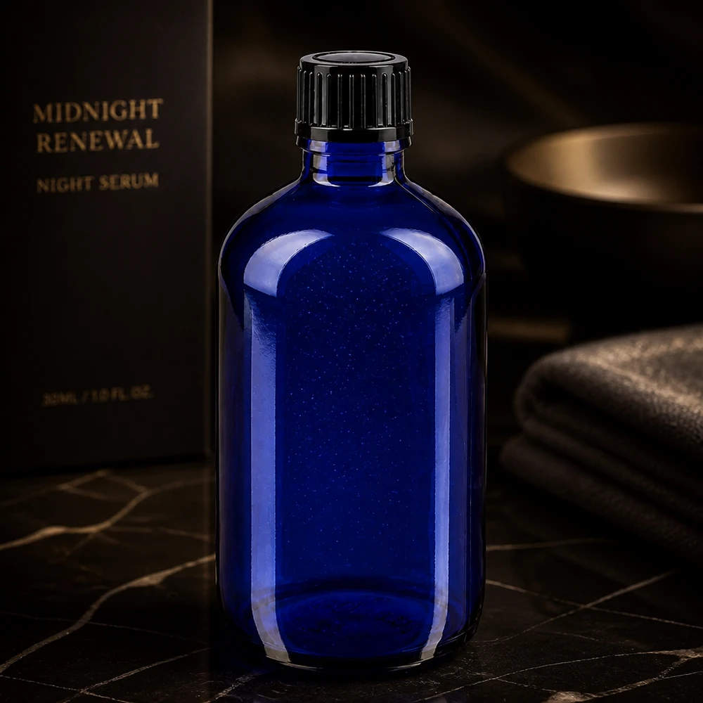 Donkerblauwe fles van 100 ml met kindveilige schroefdop voor huidverzorgingsserum