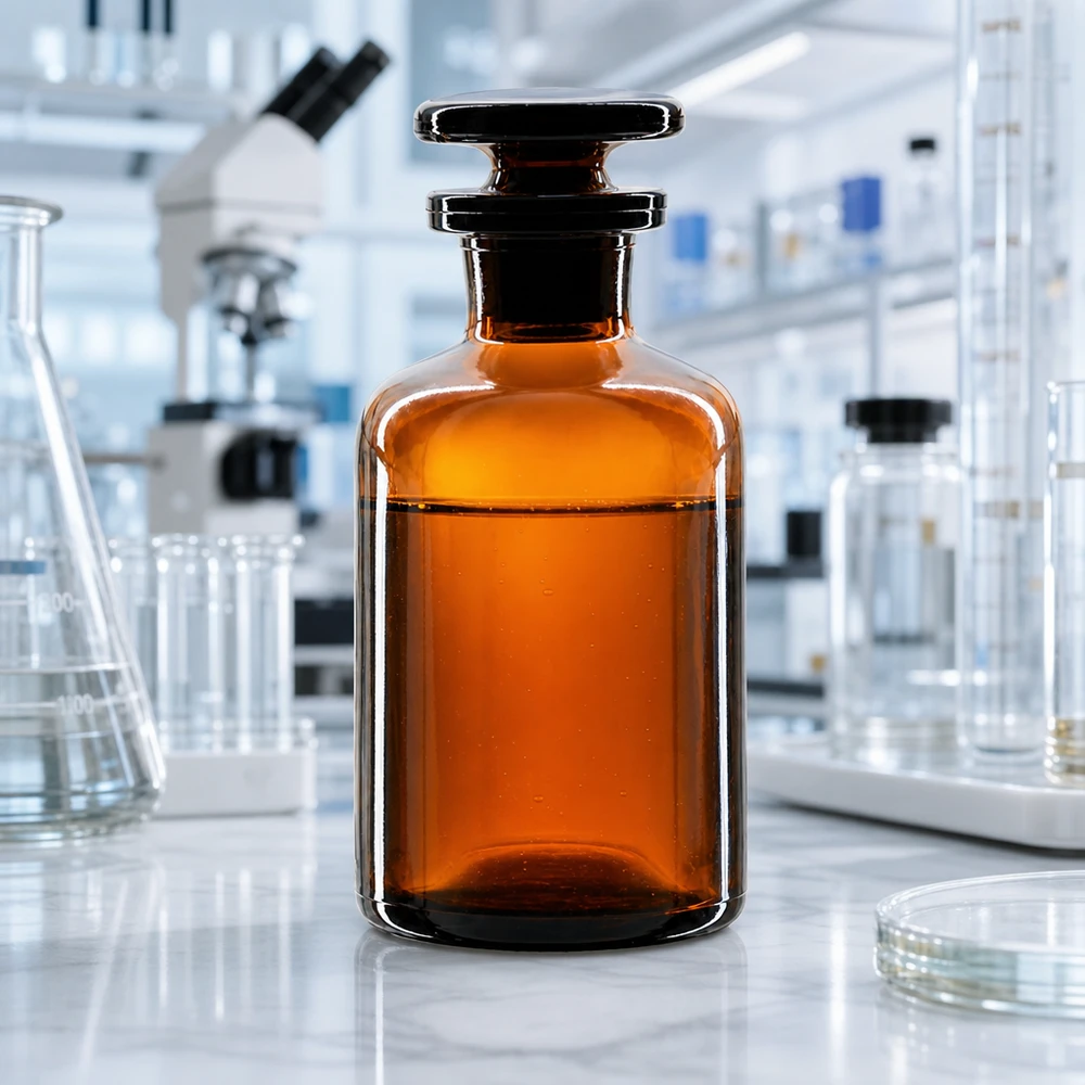 Laboratoriumvoorraadfles 50 ml, smalle hals, bruin glas, met stop, voor lichtgevoelige chemicaliën